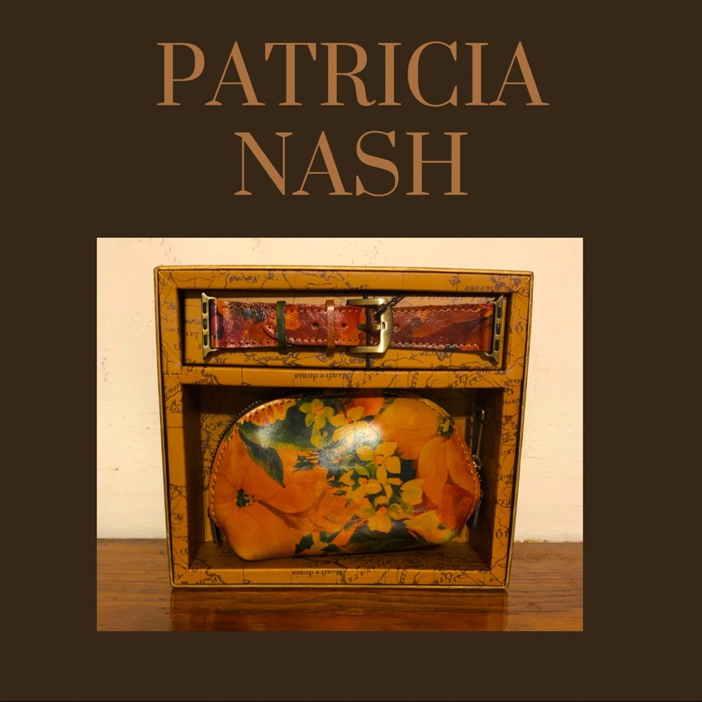 NWB Patricia Nash Capriana Printed Leather Cosmetic Bag Apple Watchband Gift Set